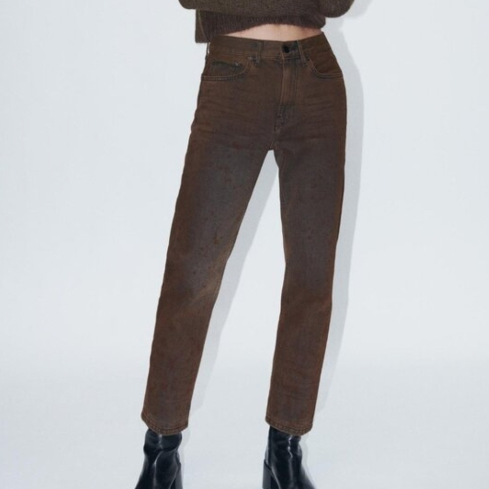 Sz 2 Zara Slim Mid Rise Fit Distressed Cropped Straight Leg Jeans Brown